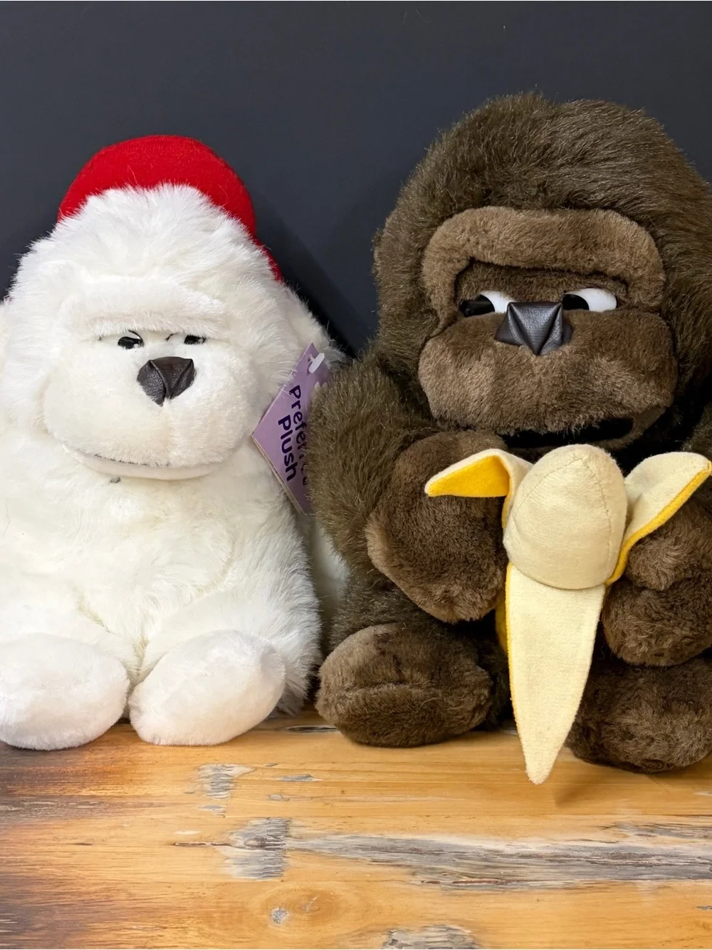 Vintage Brown & White Gorilla Side Eyes Plush Stuffed Animal Holding Banana RARE